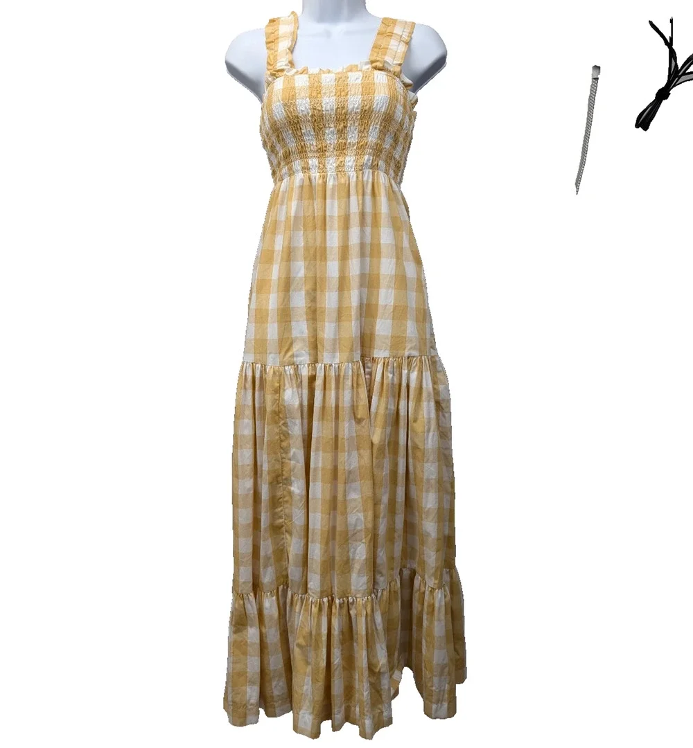 Abercrombie & Fitch Smocked Maxi Dress Women XS Petite Gingham Tiered Minimalist